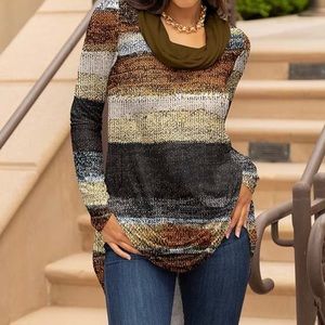 Lily Brown & Black stripe Hi-Low Cowl Neck Tunic